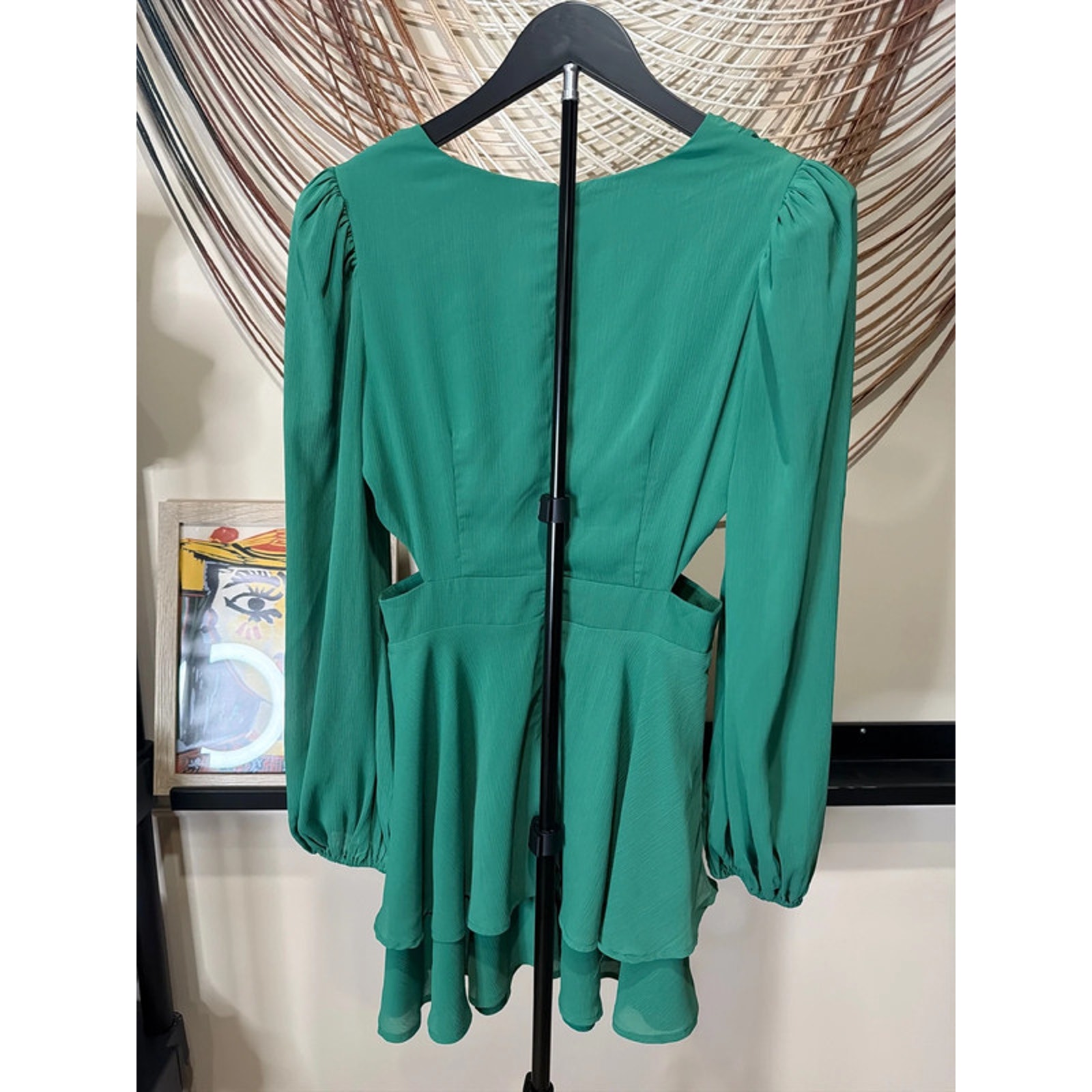 3 For $9 A Calin Kelly Green V-Neck Side, Cut Out Puff Sleeve Dress Euc S 2528 — image 5 of 6